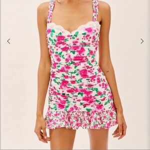For love & lemons pink and green Floral Print Women's mini sweetheart dress